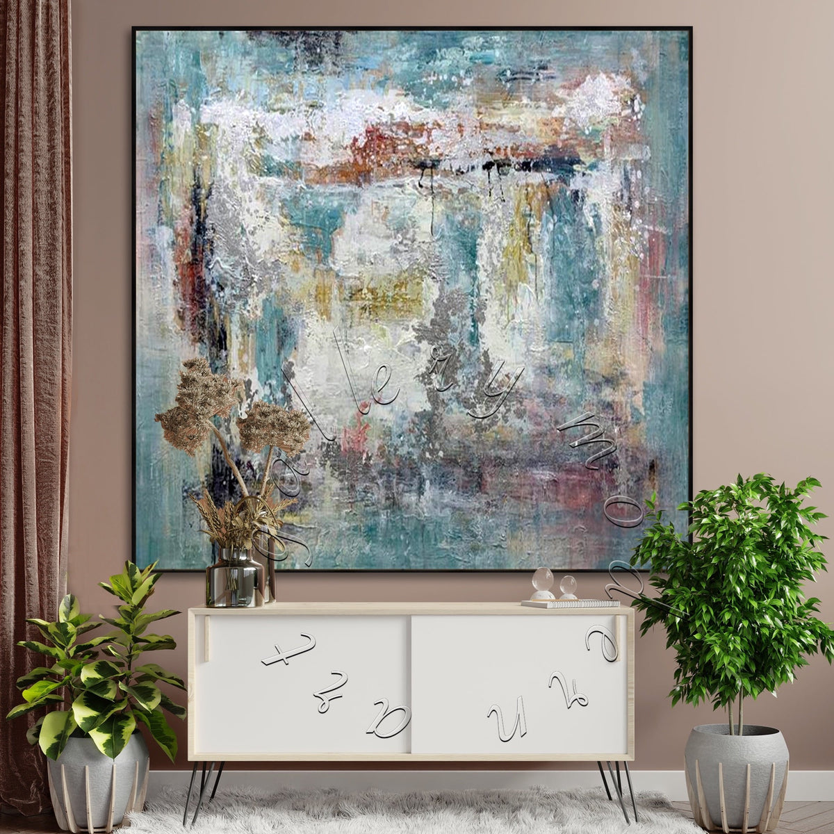 Abstract Textured Painting on Canvas, Square Green/Blue Canvas Art