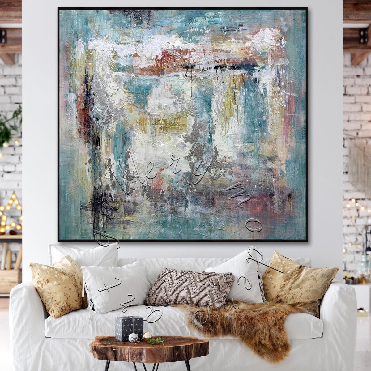 Abstract Textured Painting on Canvas, Square Green/Blue Canvas Art