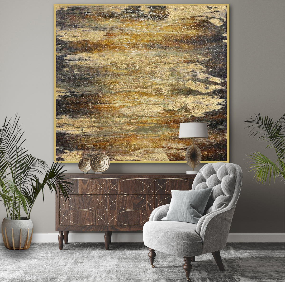 Gold &amp; Gray Abstract Original Painting, Gold Leaf Canvas Wall Art, Square