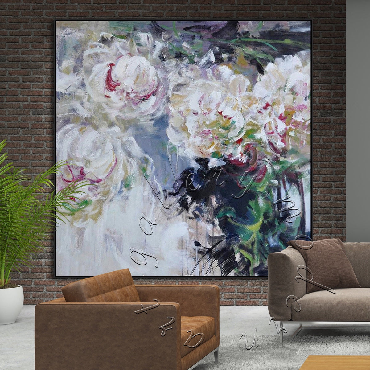 Abstract Painting, Textured Flowers, Peonies Painting on Canvas, Square Canvas Art