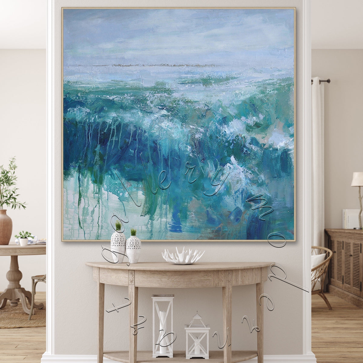 Abstract Seascape Painting on Canvas, Square Blue Ocean Canvas Art