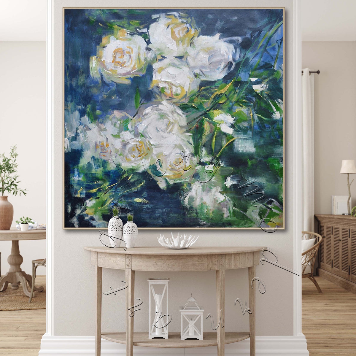 Large Abstract Oil Painting, Textured White Roses, Original Painting on Canvas, Square Canvas Art