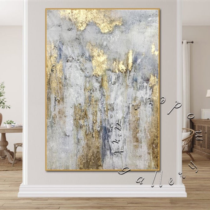 Large Abstract Painting, Gold Leaf Textured Canvas Elegant Original Oil on Canvas
