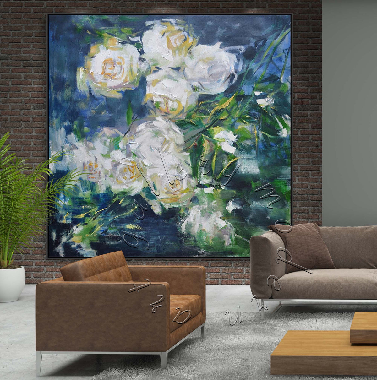 Large Abstract Oil Painting, Textured White Roses, Original Painting on Canvas, Square Canvas Art