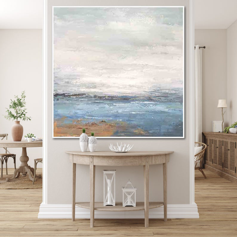 Soft Seascape Painting on Canvas, Square Ocean Canvas Art