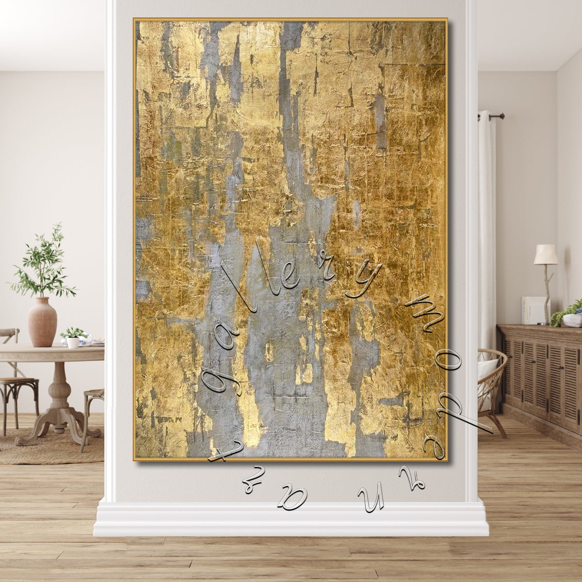 Gold and Gray Abstract Original Painting, Gold Leaf Canvas Wall Art