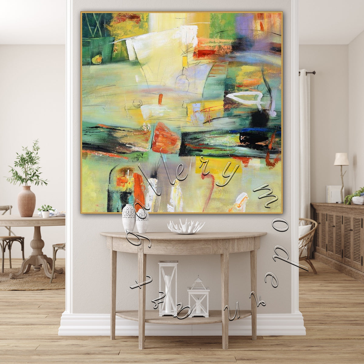 Colorful Yellow &amp; Green Abstract Painting on Canvas, Original Square Wall Art