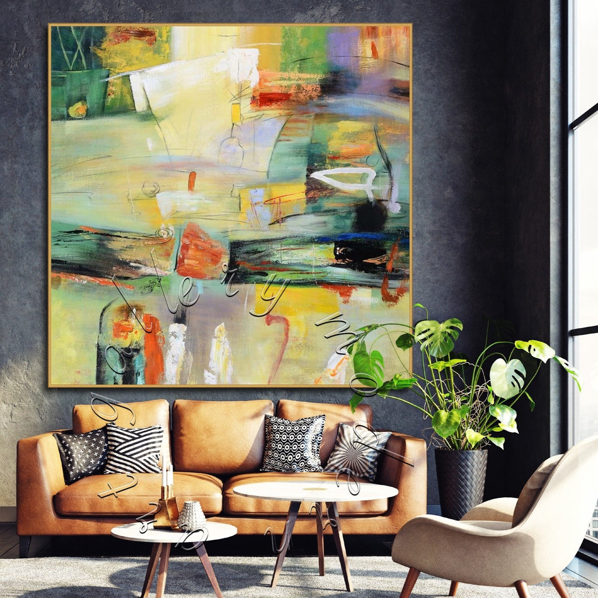 Colorful Yellow &amp; Green Abstract Painting on Canvas, Original Square Wall Art