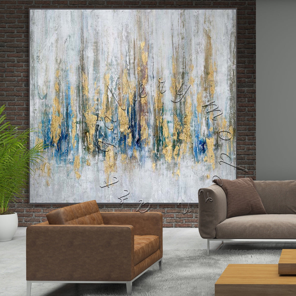 Gold Abstract Canvas, Modern Gold Leaf Art, Oversize Square Wall Art &quot;Gold &amp; Blue&quot;