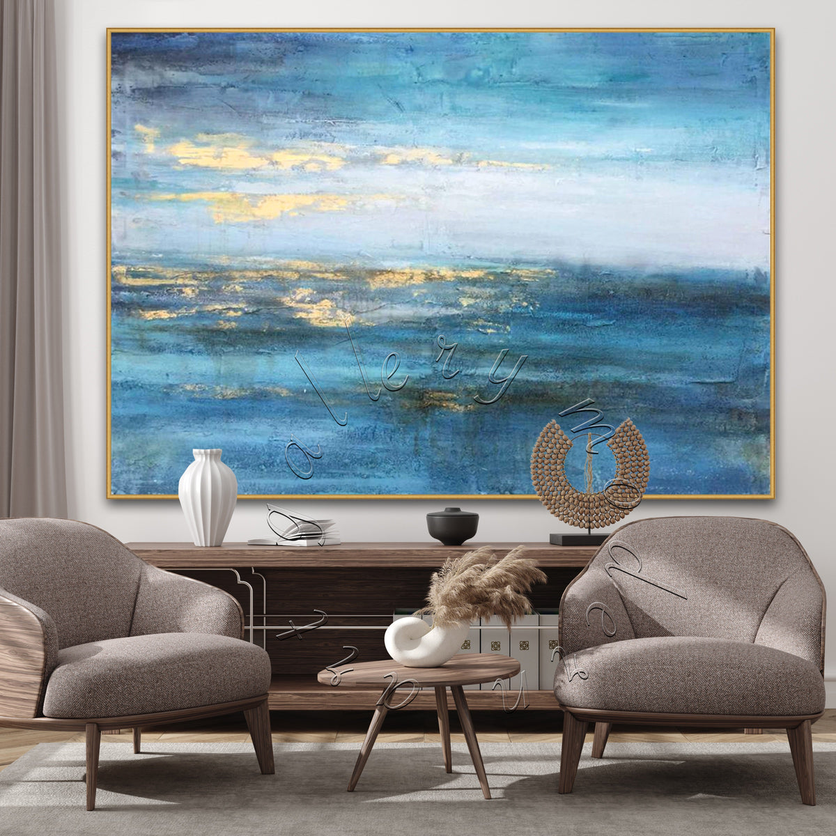 &quot;Gold Reflection&quot; Abstract Seascape Original Painting, Gold Leaf Canvas Wall Art