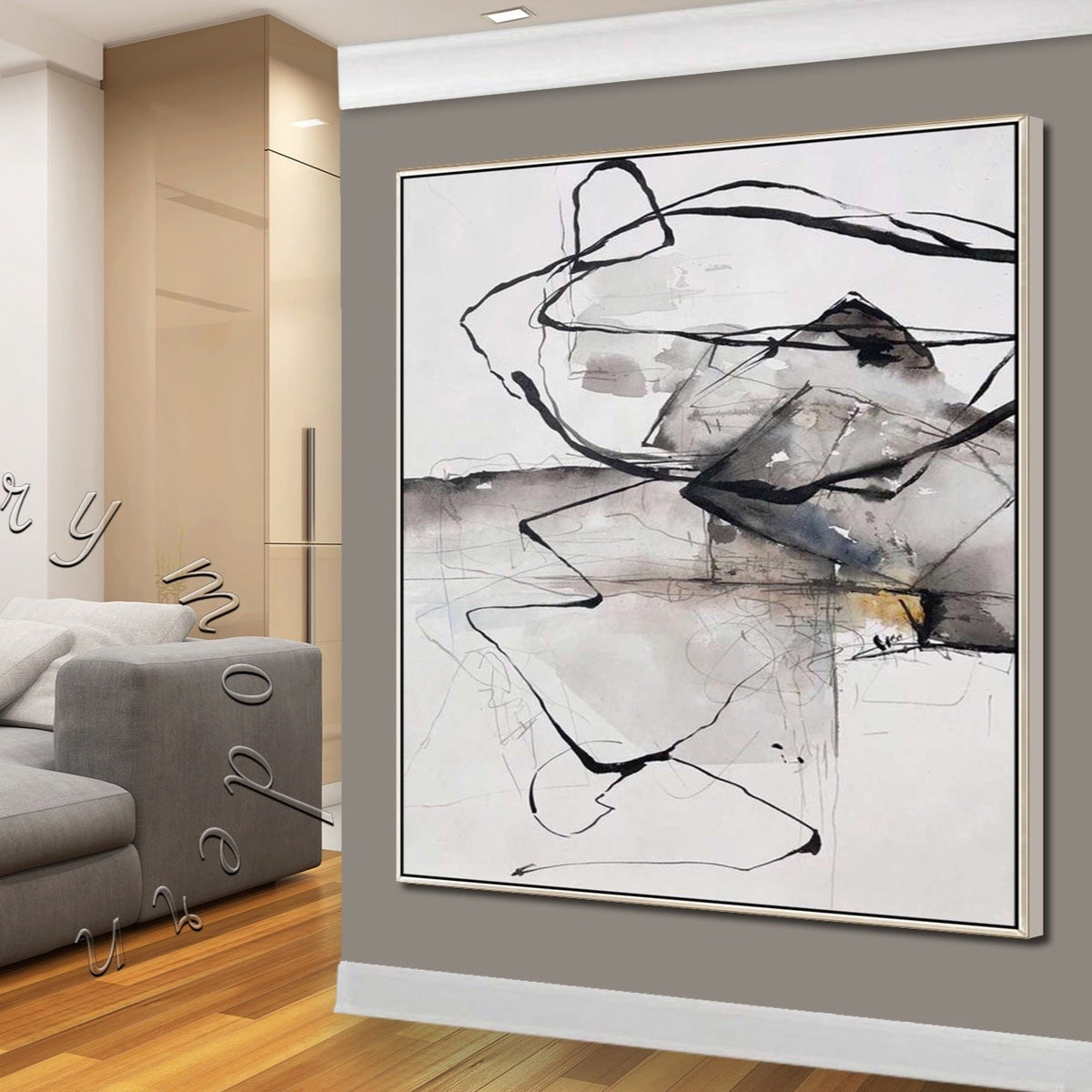 Black &amp; White Abstract Canvas Painting, Original Square Wall Art