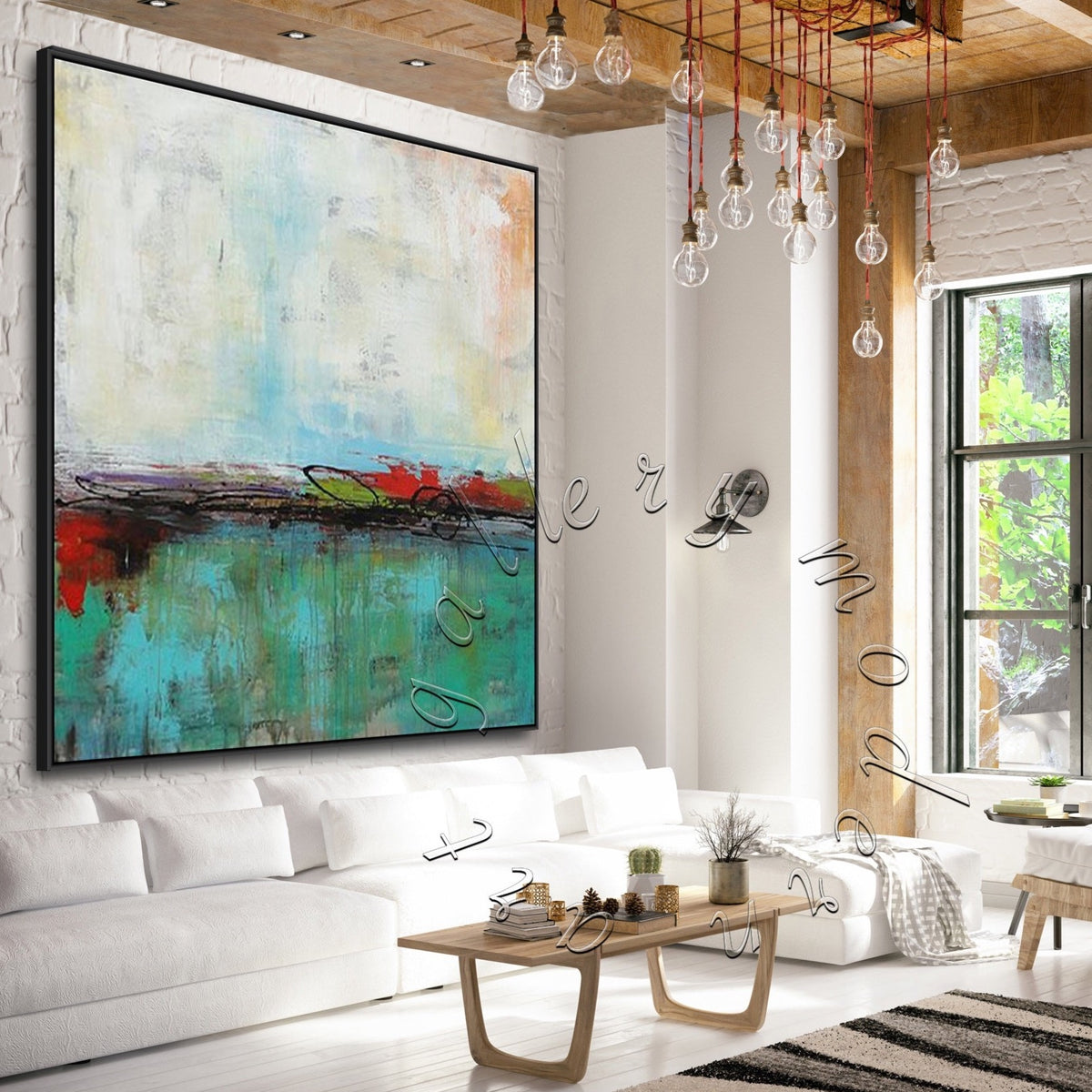 Abstract Painting Extra Large Framed Canvas Art Green Landscape Mo Gallery Modern