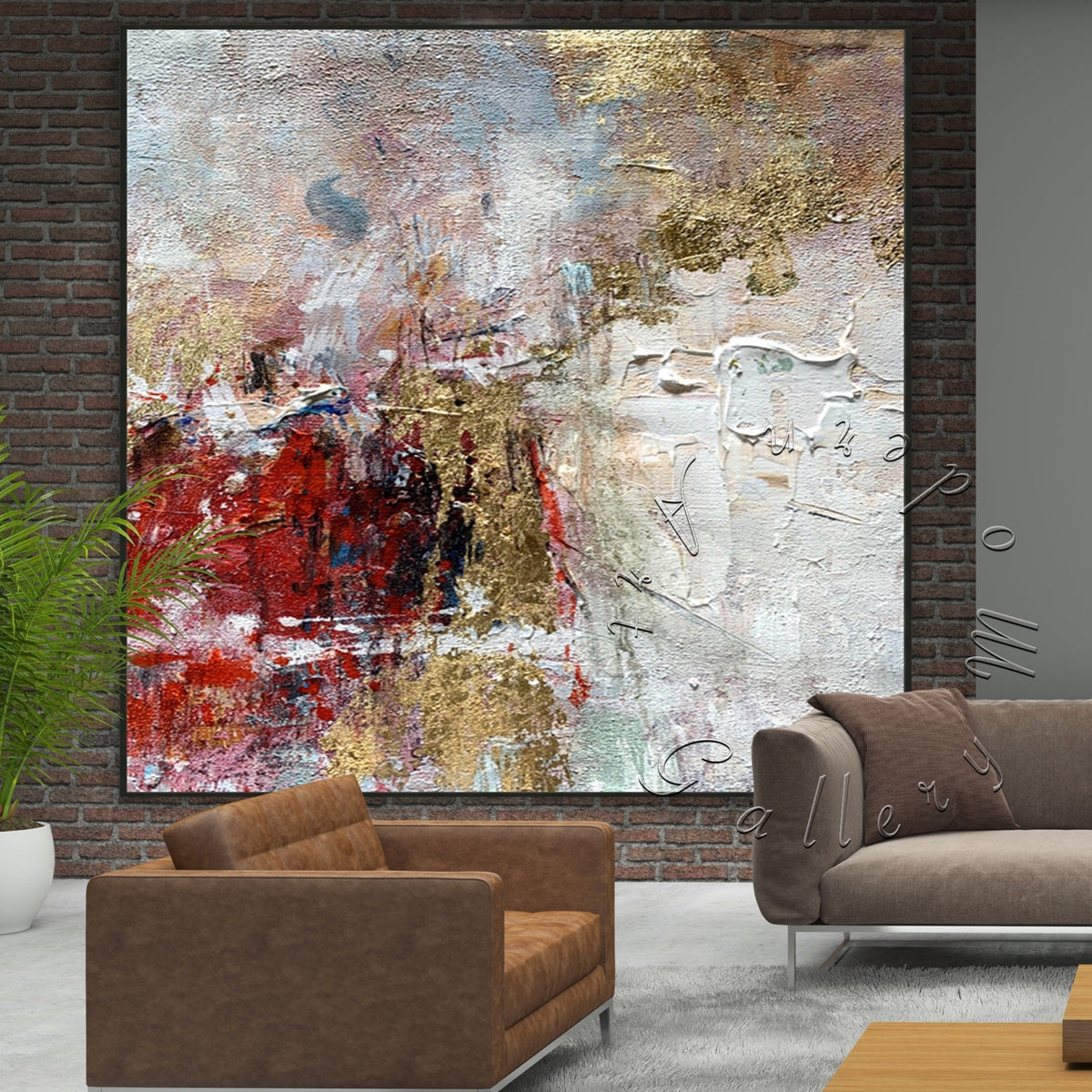 Large Abstract Original Gold Leaf Painting &quot;Gold &amp; Red&quot;