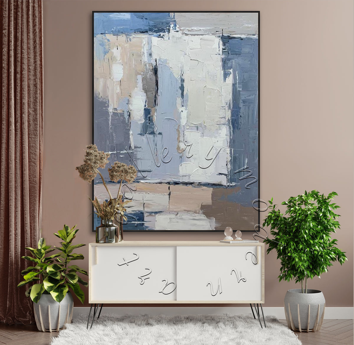Soft Blue, Brown &amp; Gray Colors Abstract Original Painting, Canvas Wall Art