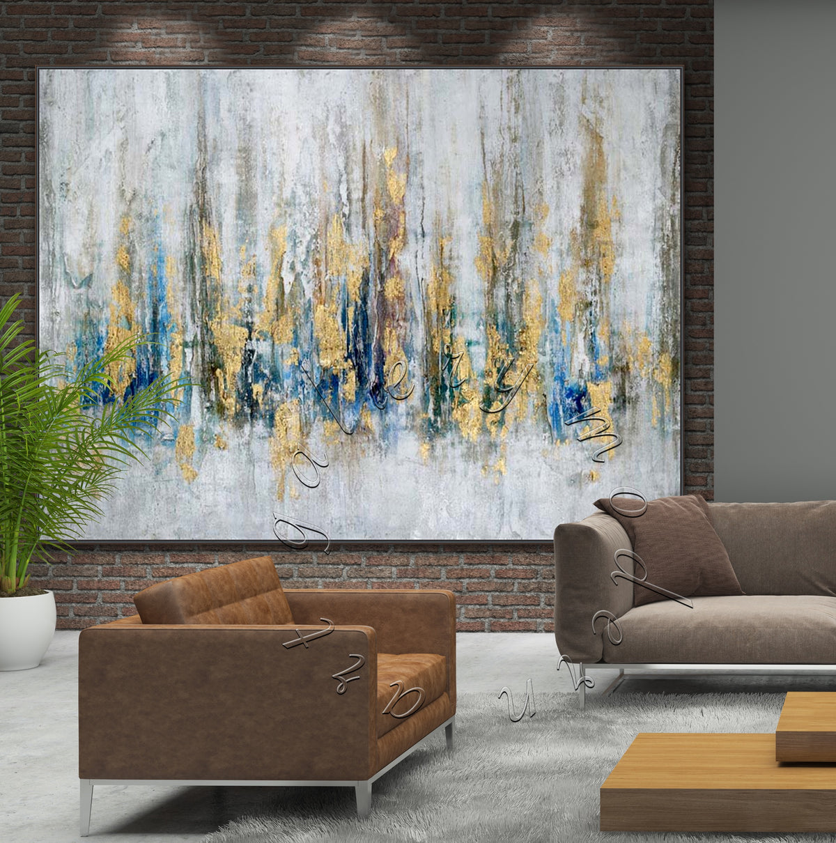 Gold, Blue and Gray Textured Abstract Original Painting, Gold Leaf Canvas Wall Art