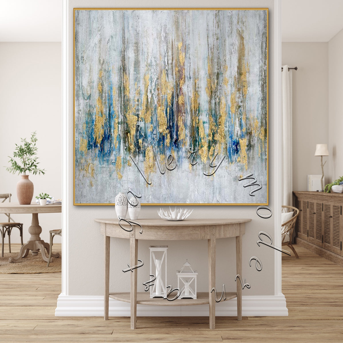 Gold Abstract Canvas, Modern Gold Leaf Art, Oversize Square Wall Art &quot;Gold &amp; Blue&quot;