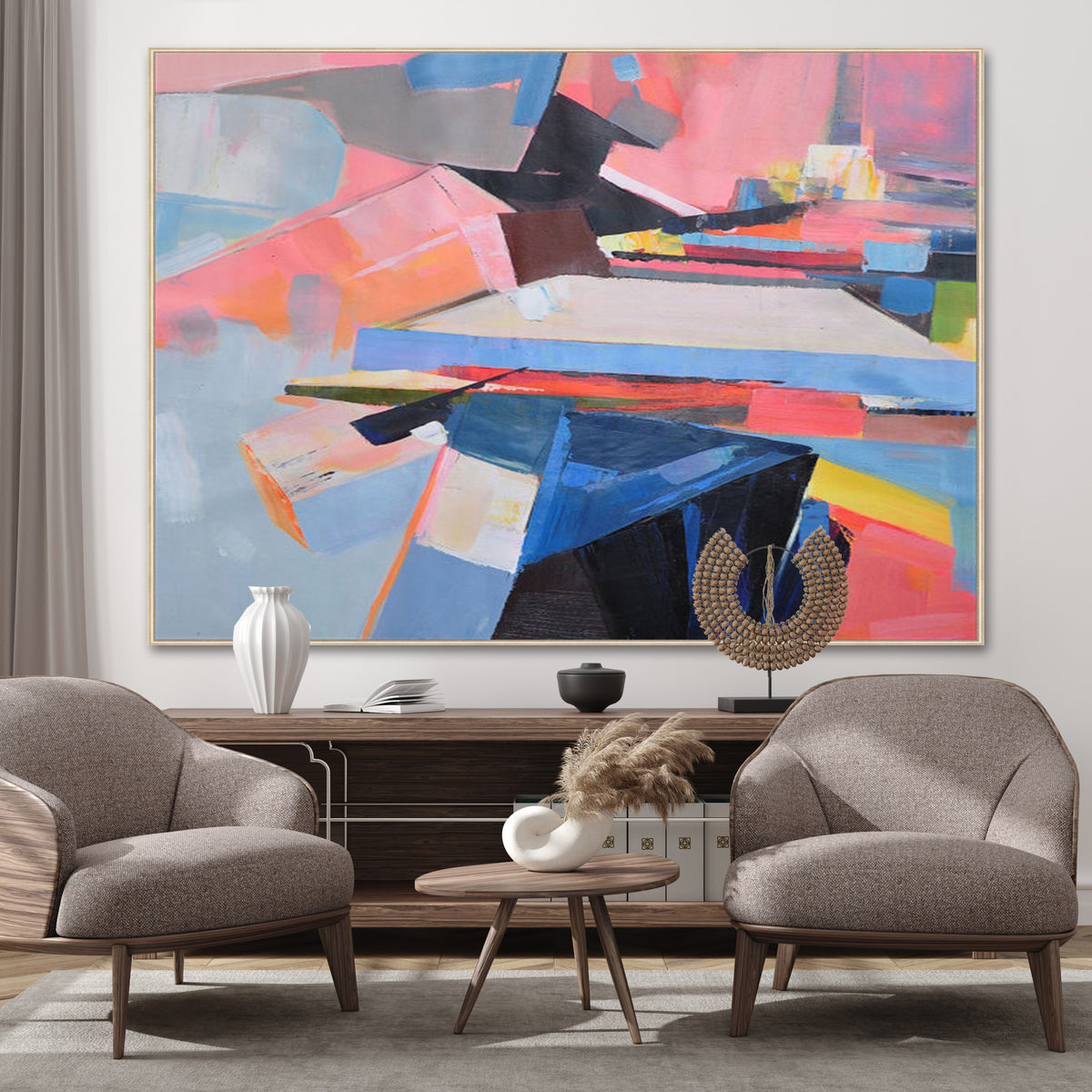 Abstract Original Painting on Canvas, Oversized Modern Art &quot;Pink &amp; Blue&quot;