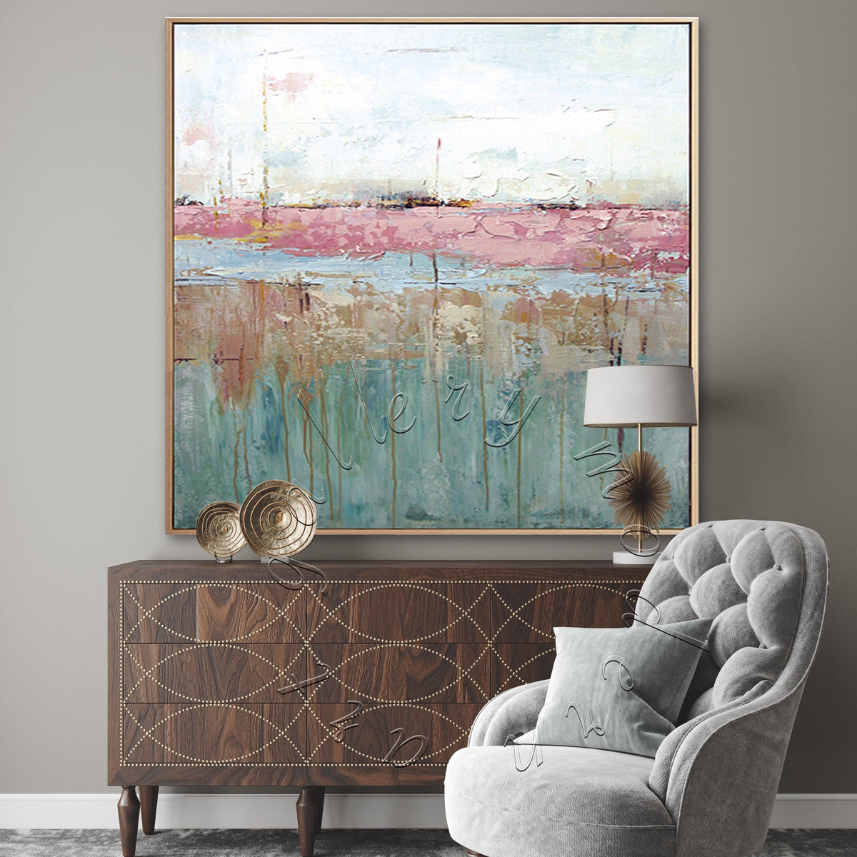 Soft Abstract Art, Landscape Textured Painting on Canvas, Square Pink, Green Modern Art