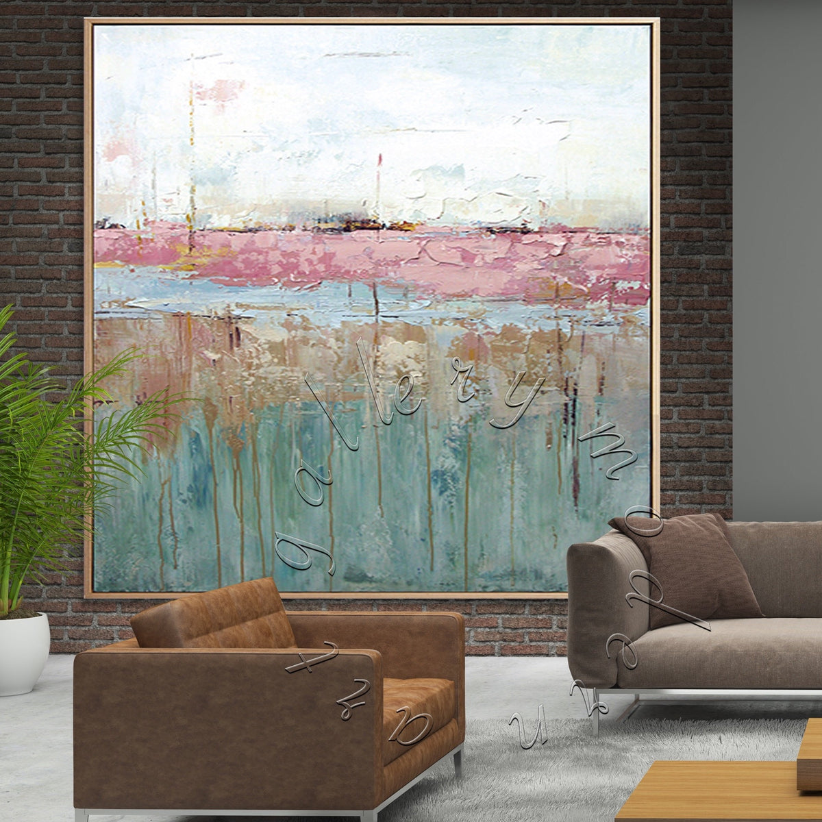 Soft Abstract Art, Landscape Textured Painting on Canvas, Square Pink, Green Modern Art