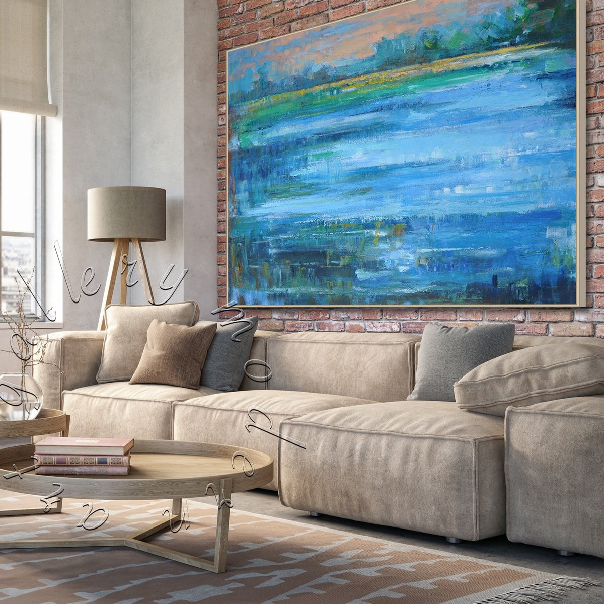 &quot;Blue Reflection&quot; Landscape Abstract Painting, Oversize Canvas Wall Art