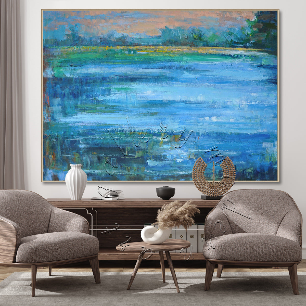 &quot;Blue Reflection&quot; Landscape Abstract Painting, Oversize Canvas Wall Art