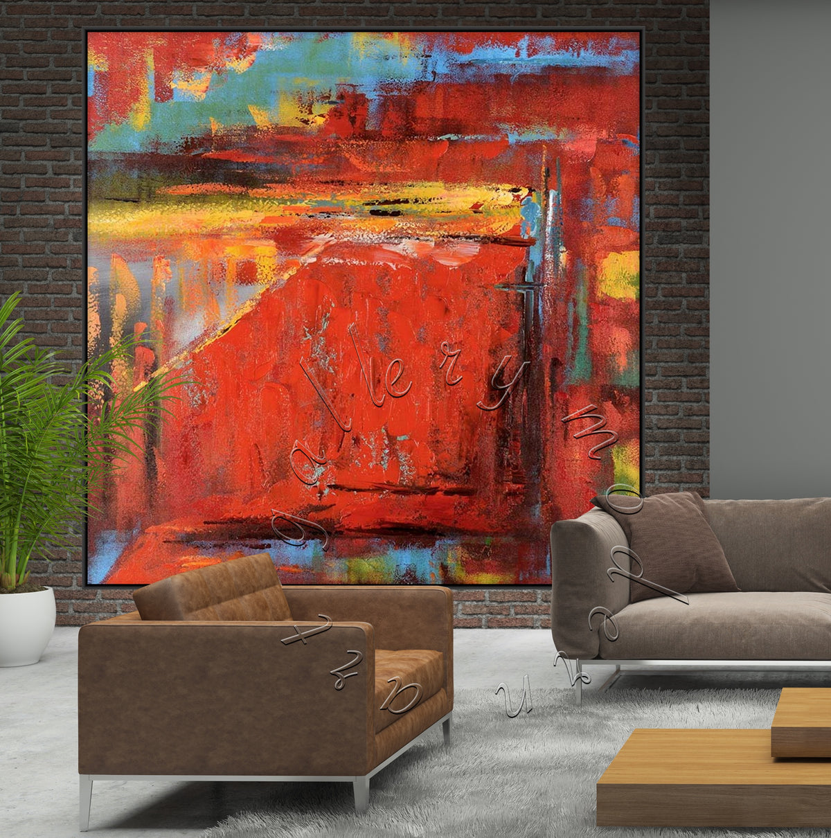 Bright Red Large Abstract Canvas Painting, Original Square Wall Art