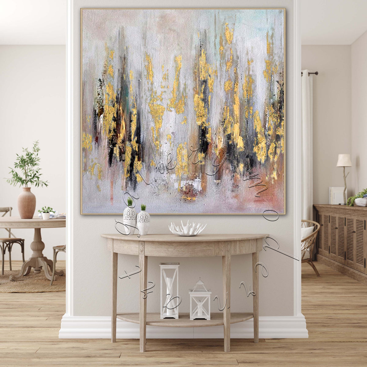 Abstract Canvas Painting, Gold Leaf Original Square Wall Art