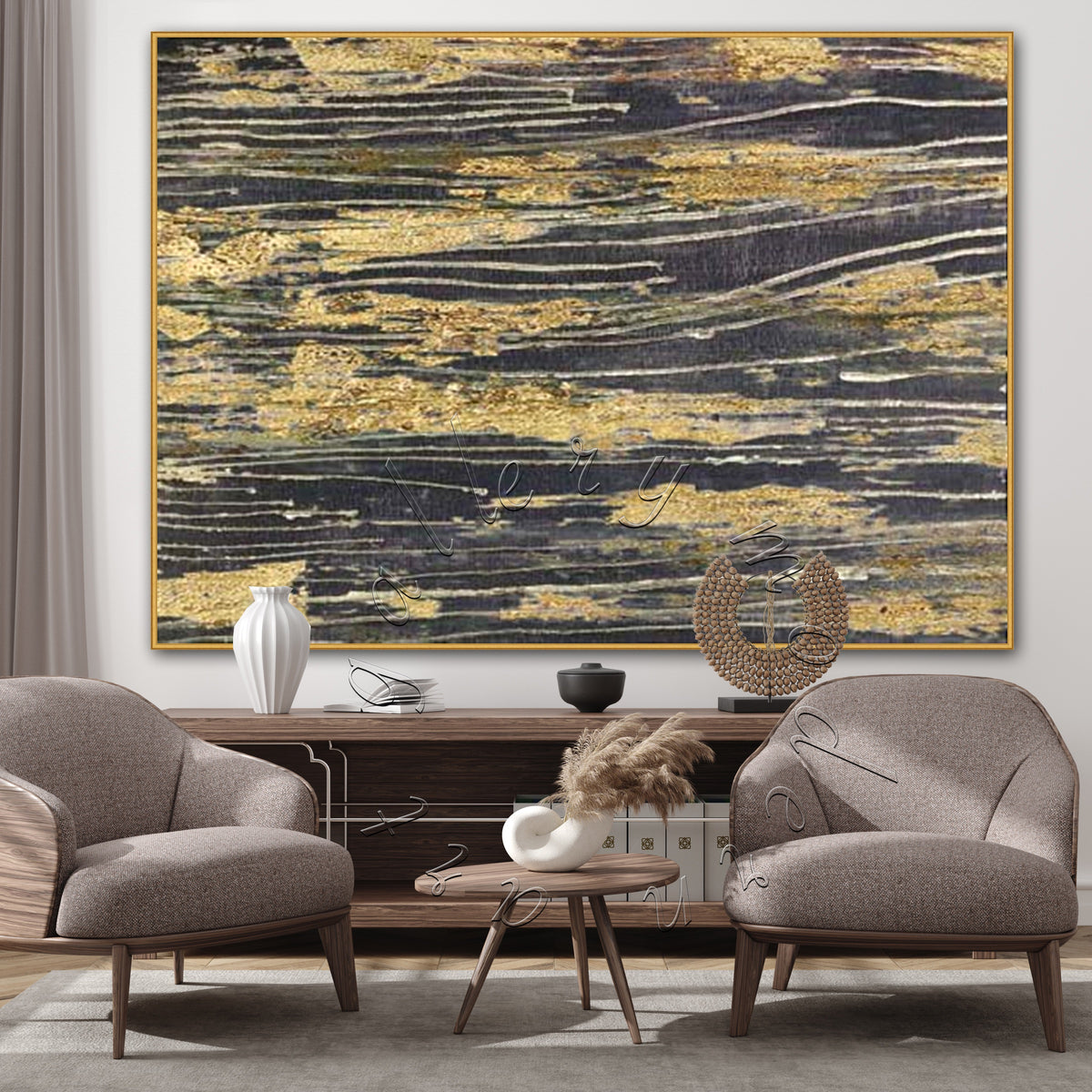 Gold and Black Abstract Original Painting, Gold Leaf Canvas Wall Art