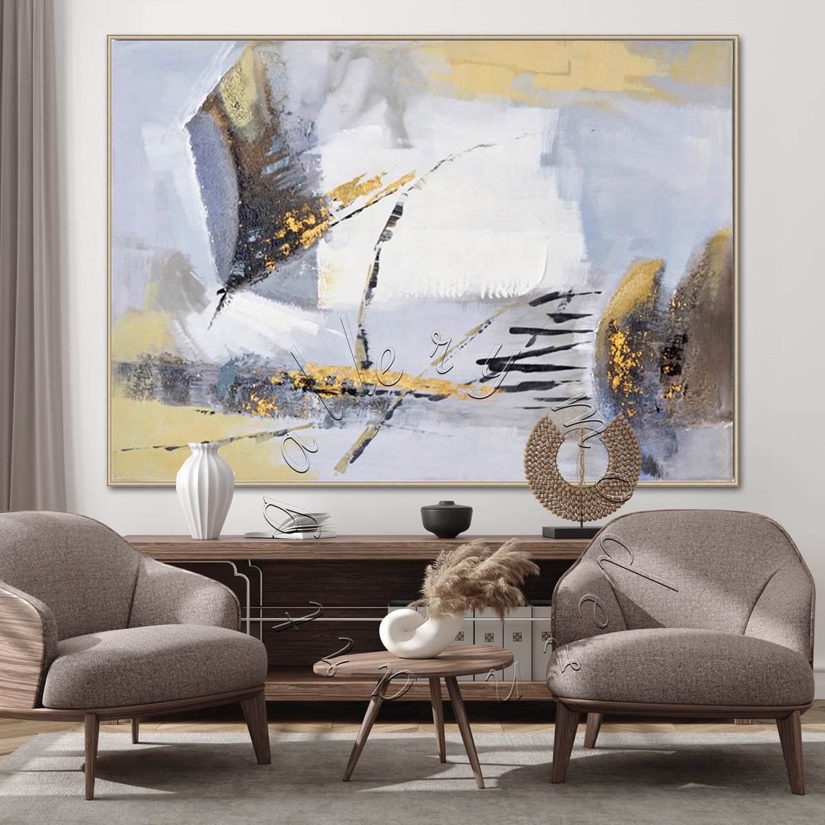 Soft Abstract Original Painting, Gold Leaf and Gray Canvas Wall Art