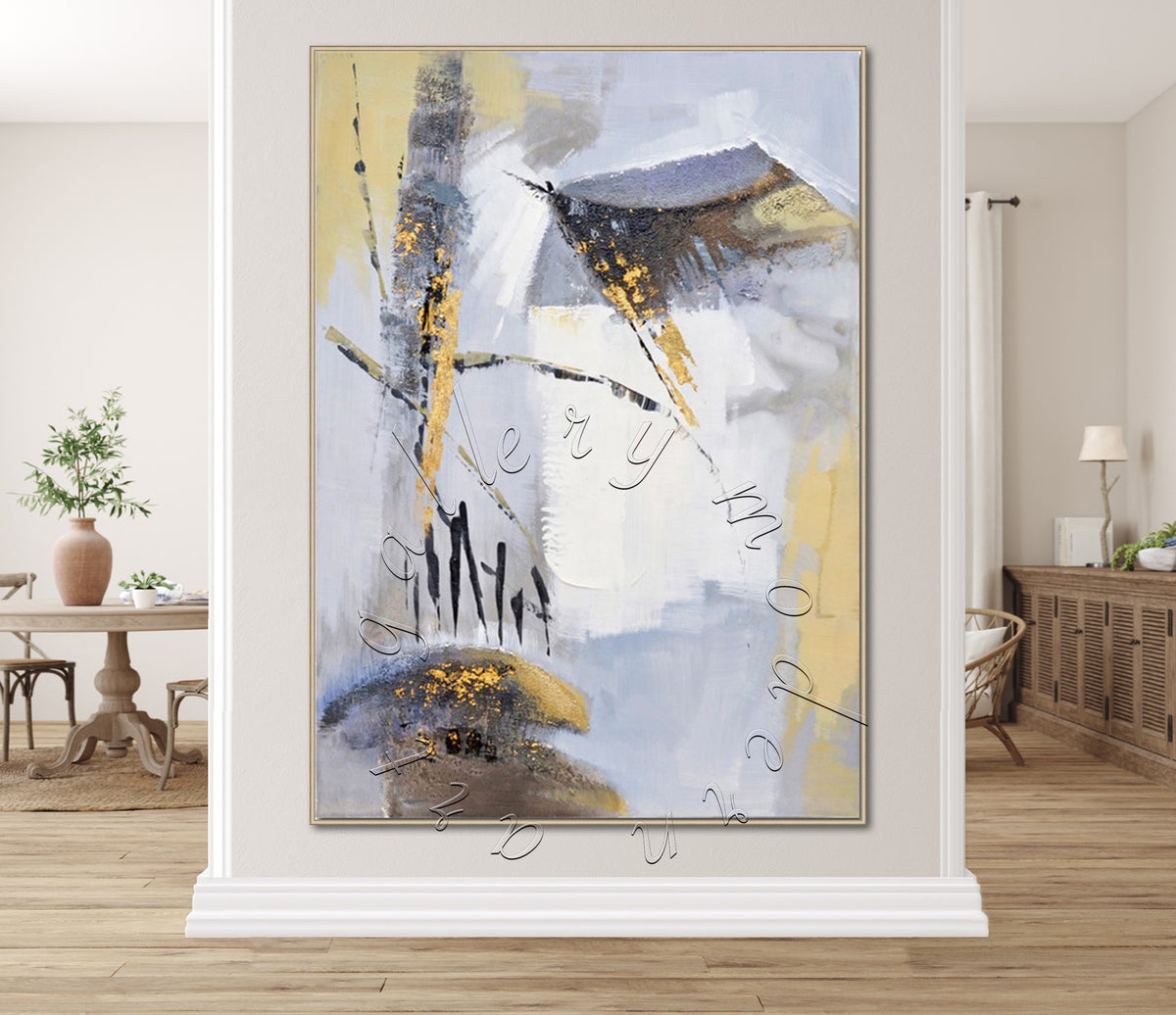 Soft Abstract Original Painting, Gold Leaf and Gray Canvas Wall Art