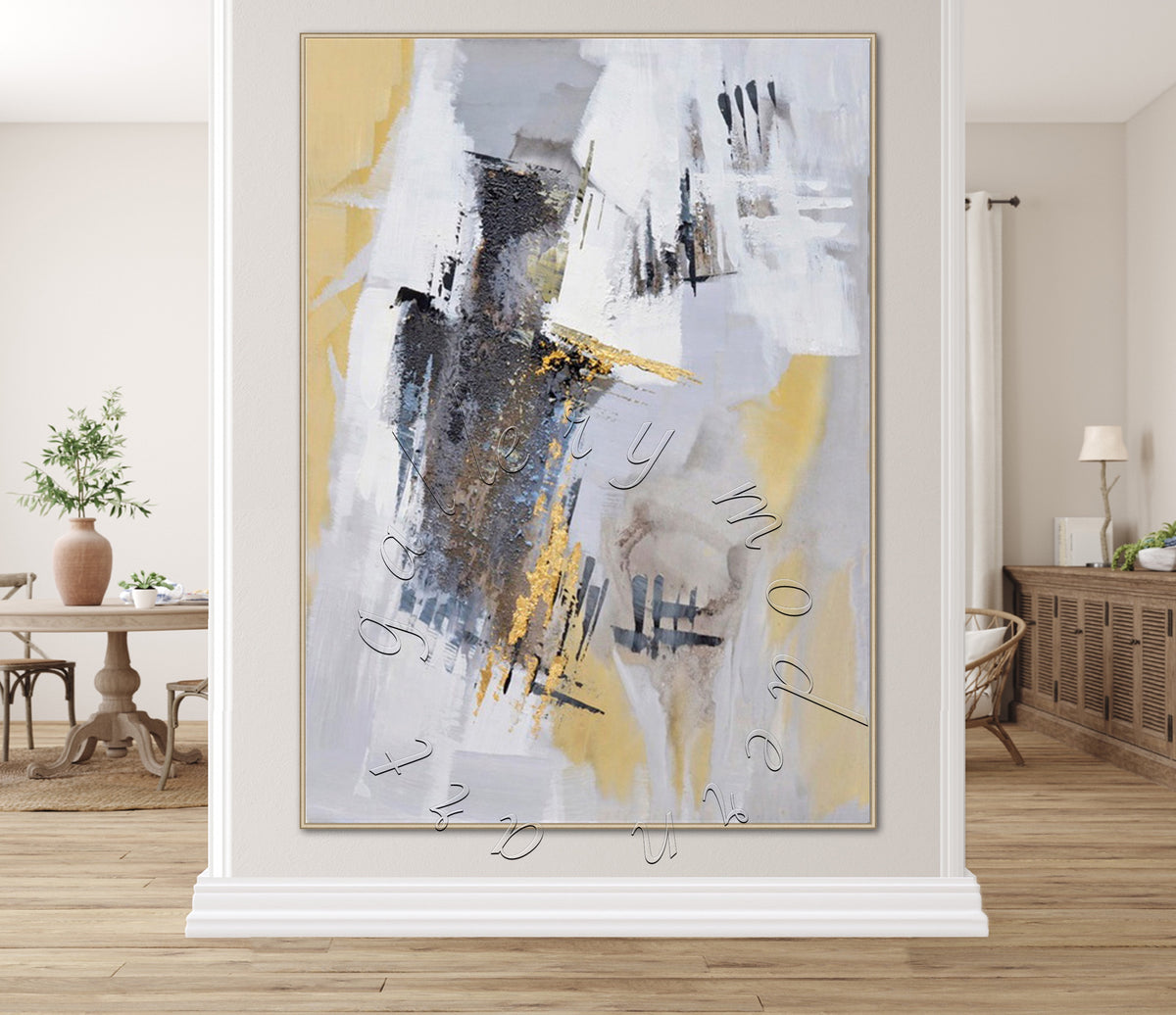 Soft Abstract Original Painting, Gold Leaf, Yellow and Gray Canvas Wall Art