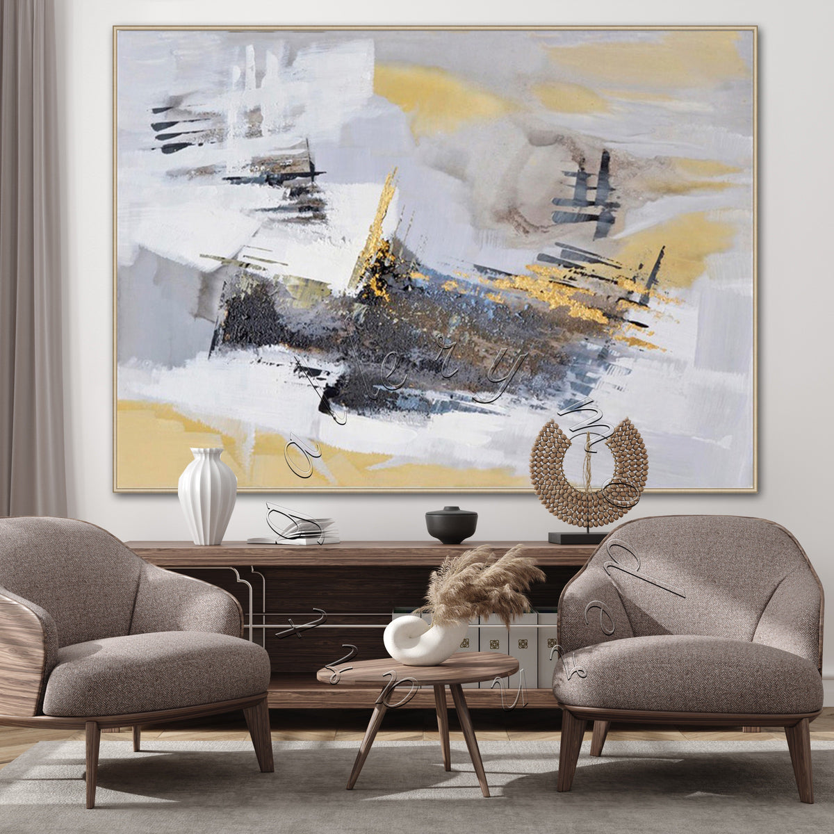 Soft Abstract Original Painting, Gold Leaf, Yellow and Gray Canvas Wall Art