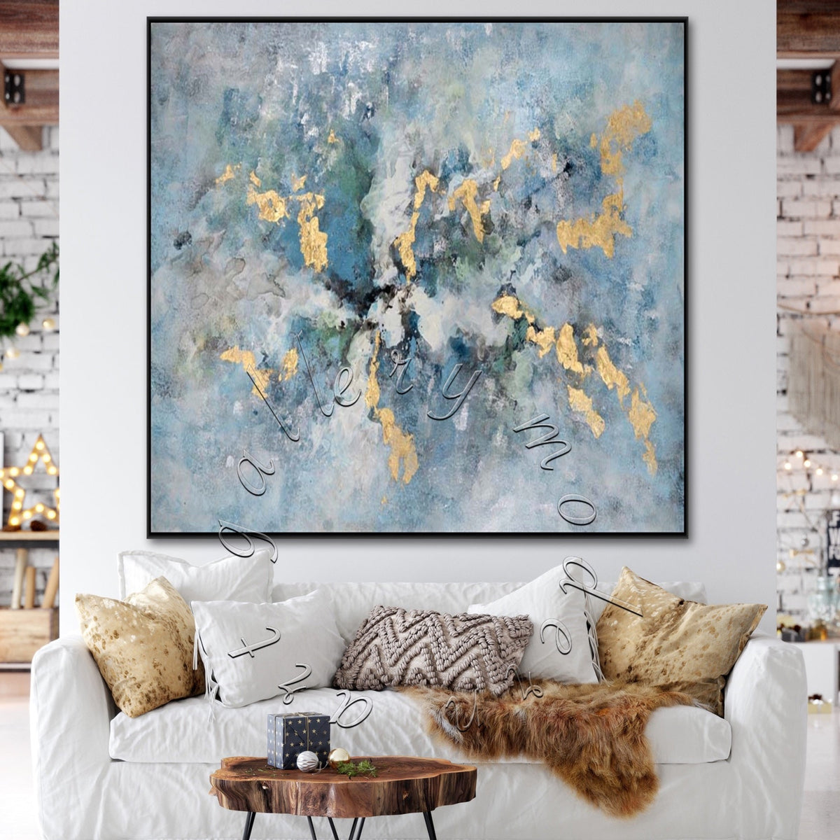 Gold Leaf Original Abstract Painting, Square Wall Art, Gold, Blue &amp; White