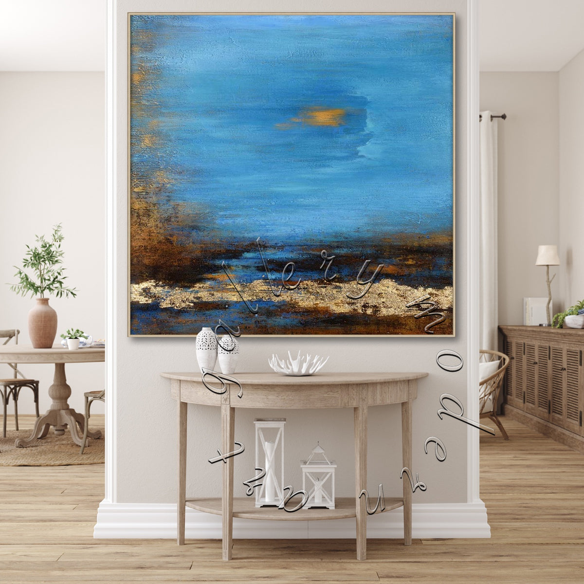 Blue Landscape Abstract Canvas Painting, Original Square Wall Art