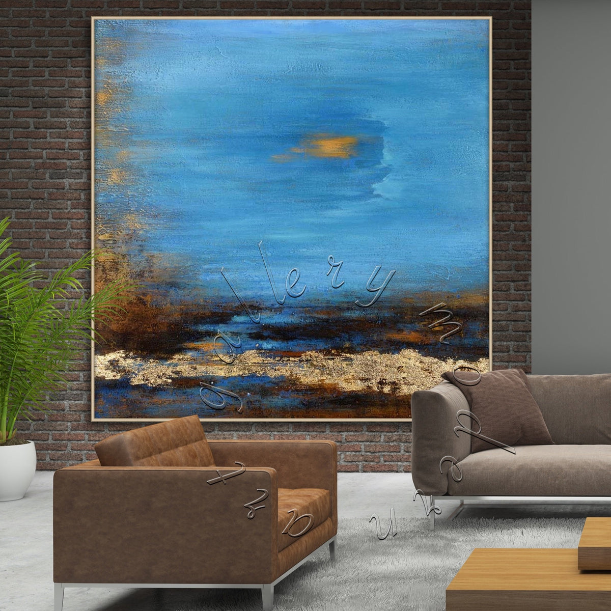 Blue Landscape Abstract Canvas Painting, Original Square Wall Art