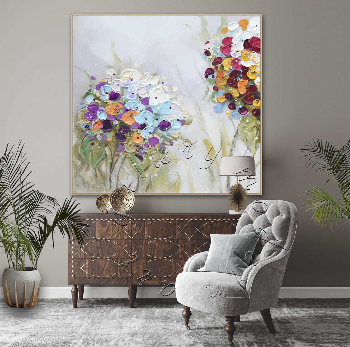 Colorful Flowers Abstract Canvas Painting, Wall Art, Flower Square Original Oil Painting