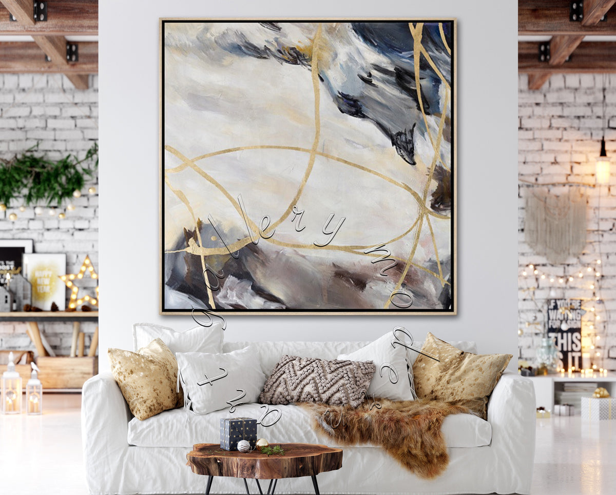 Gold Leaf Soft Abstract Painting on Canvas, Original Square Wall Art
