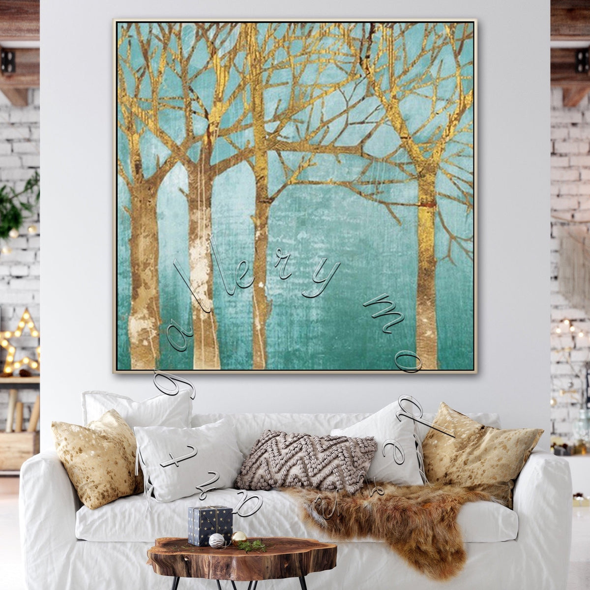 &quot;Golden Trees&quot; Abstract Landscape Original Canvas Painting, Square Canvas Wall Art