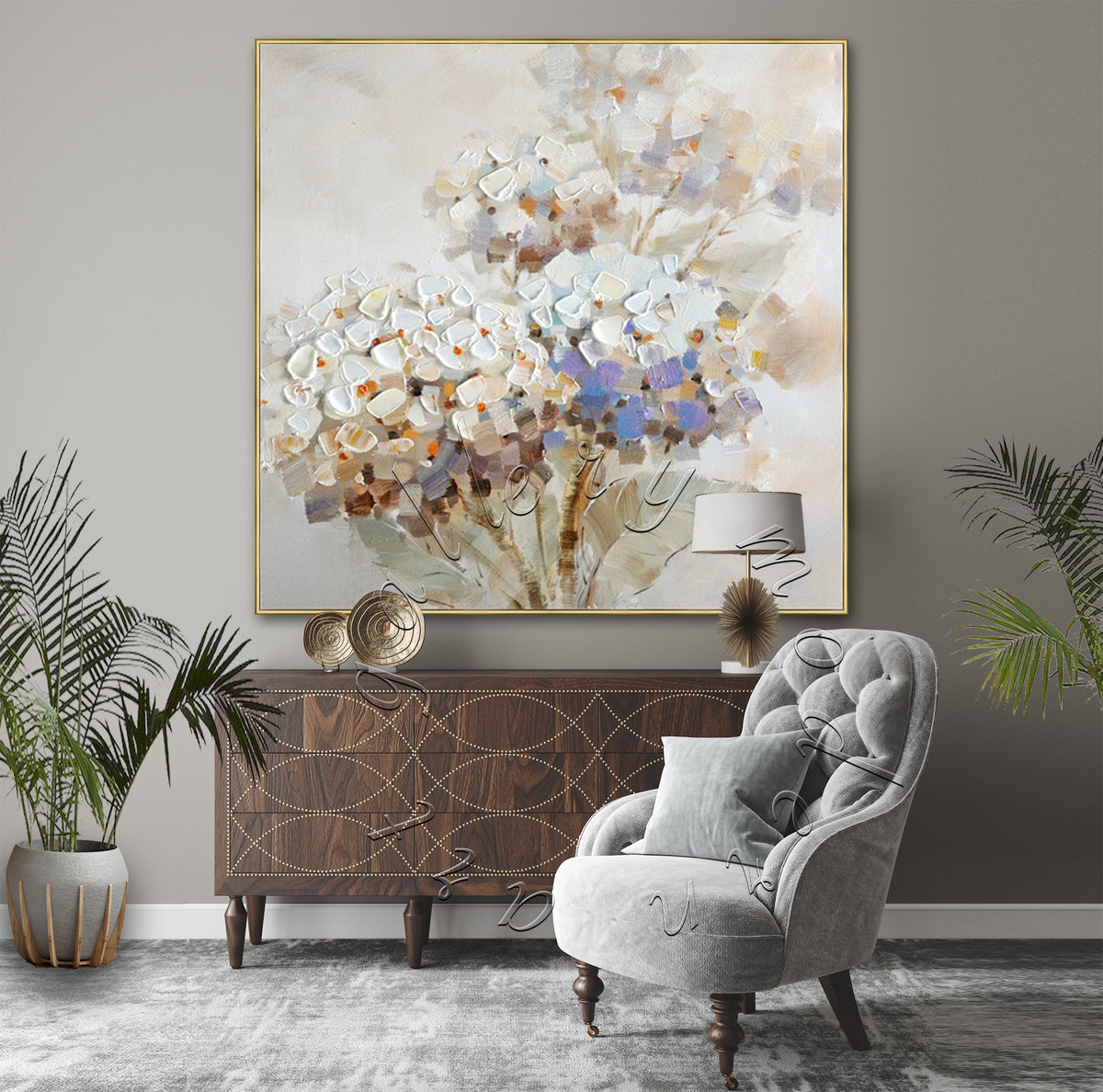 Soft Flowers Abstract Canvas Painting, Wall Art, Square Original Oil Painting