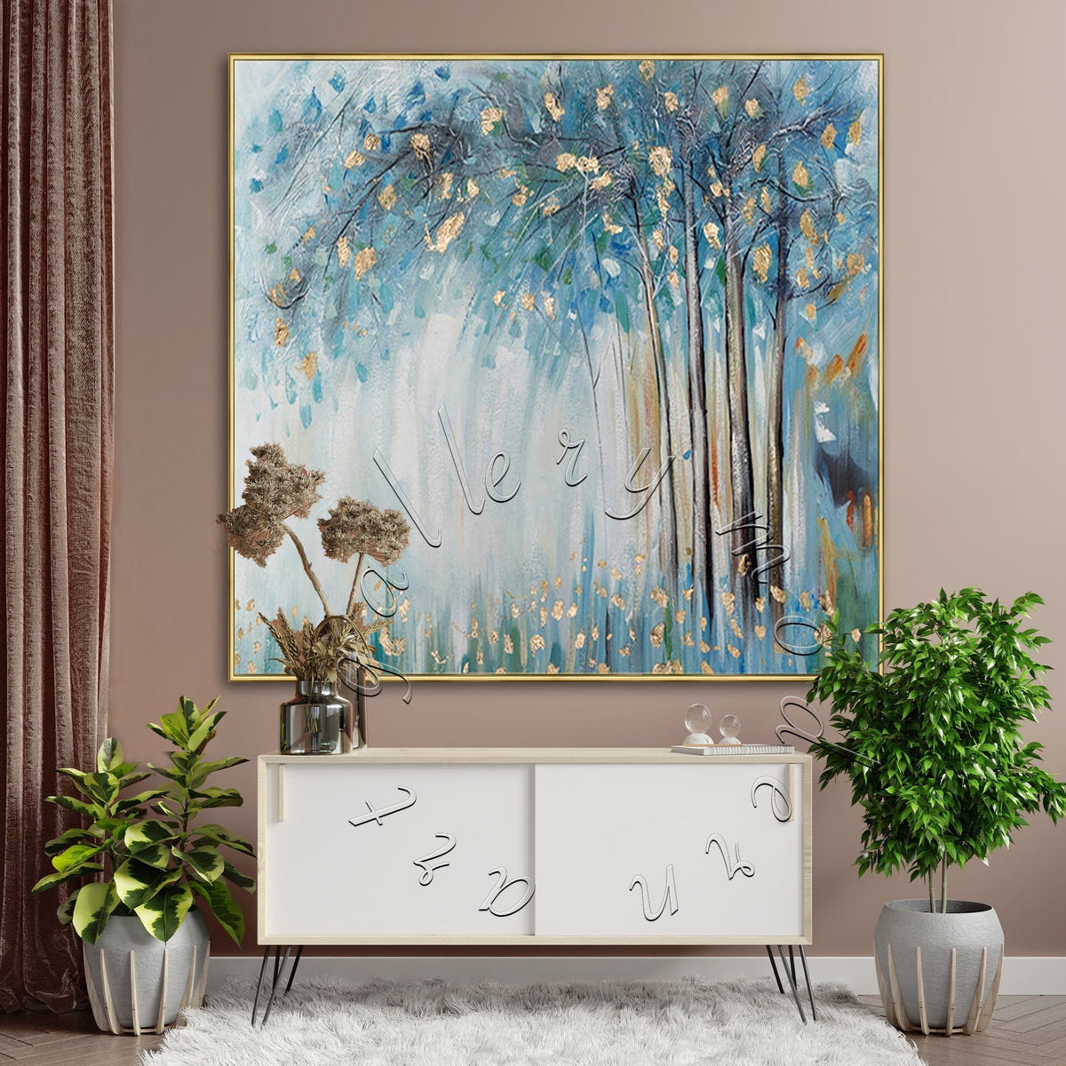 &quot;Blue &amp; Gold Tree&quot; Abstract Landscape Original Canvas Painting, Square Canvas Wall Art