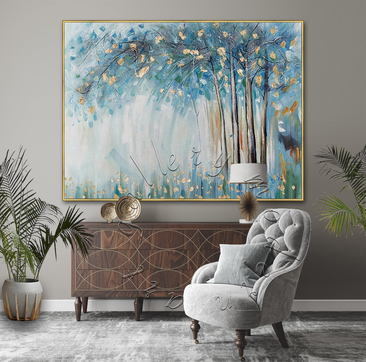 Gold Leaf Landscape Abstract Original Painting, Gold, White and Blue Trees