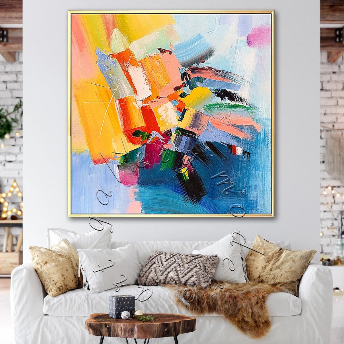 &quot;Yellow and Blue&quot; Colorful Abstract Original Canvas Painting, Square Canvas Soft Wall Art