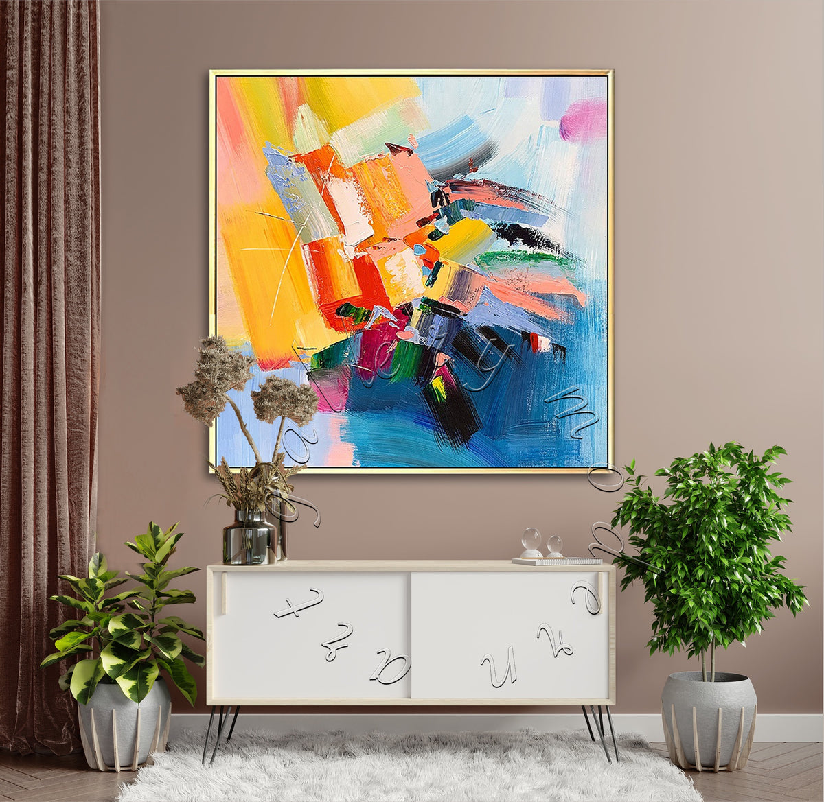 &quot;Yellow and Blue&quot; Colorful Abstract Original Canvas Painting, Square Canvas Soft Wall Art