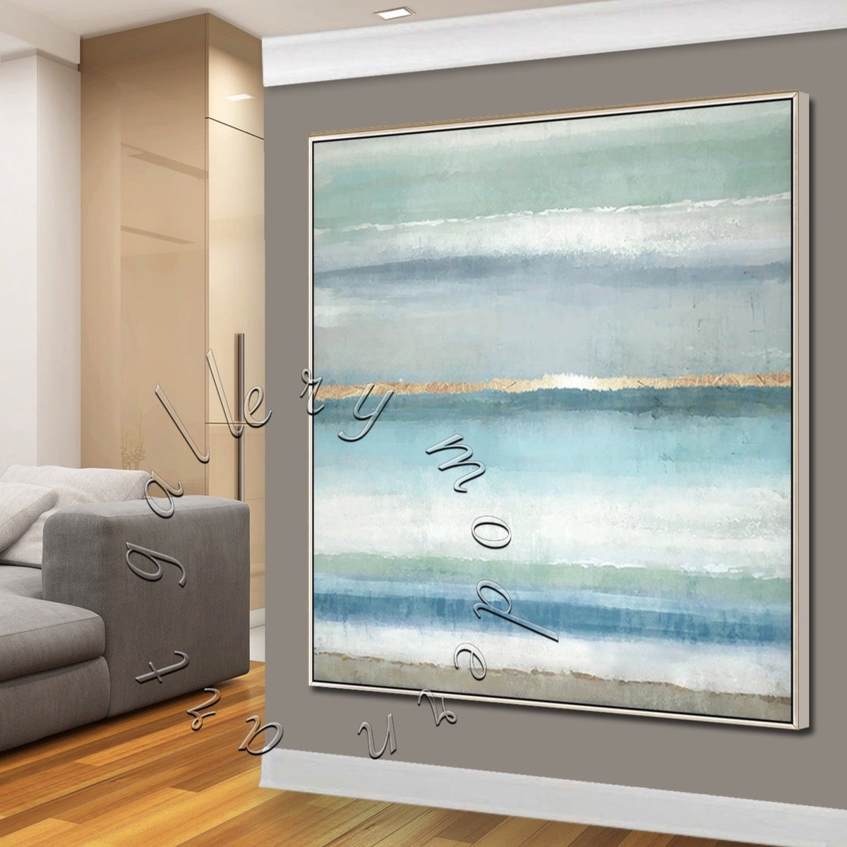 &quot;Green Ocean&quot; Large Abstract Seascape, Gold Leaf Original Painting on Canvas