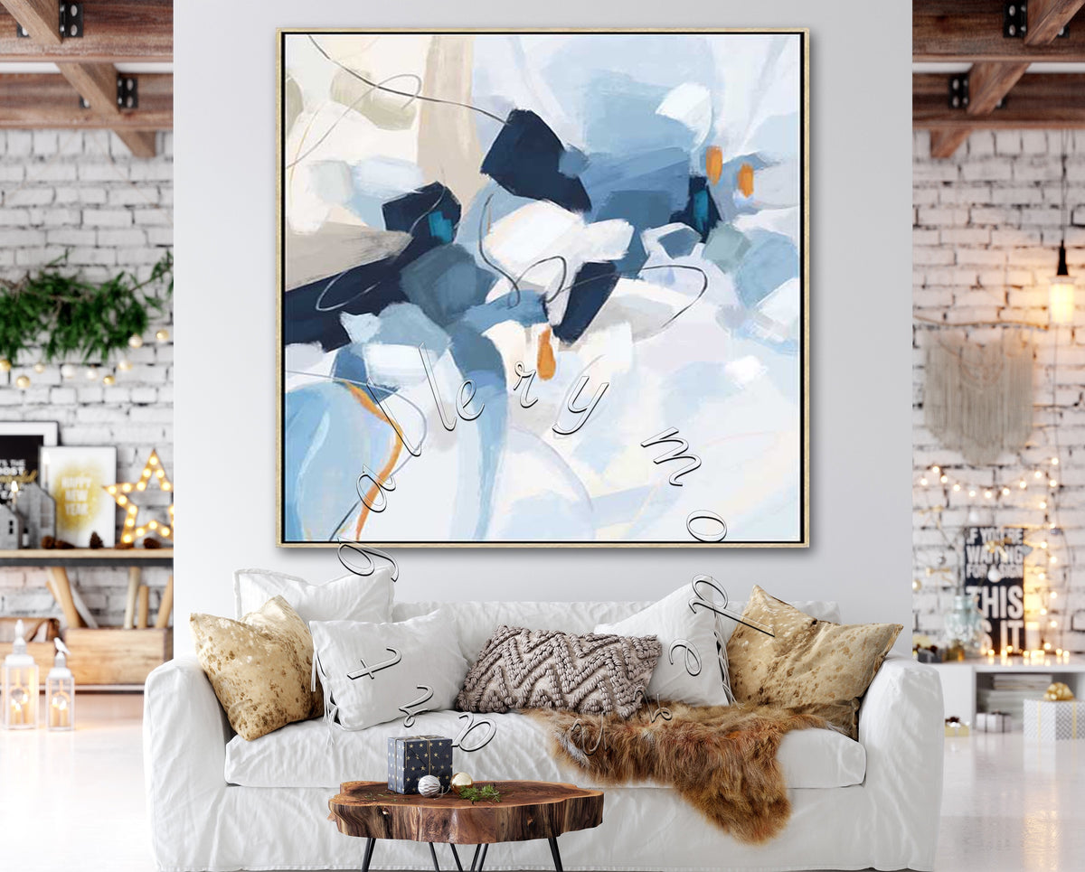 &quot;Blue &amp; White&quot; Abstract Original Canvas Painting, Square Canvas Wall Art