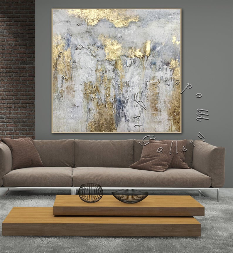 Textured Abstract Gold Leaf Original Square Painting on Canvas &quot;Gold &amp; Gray&quot;