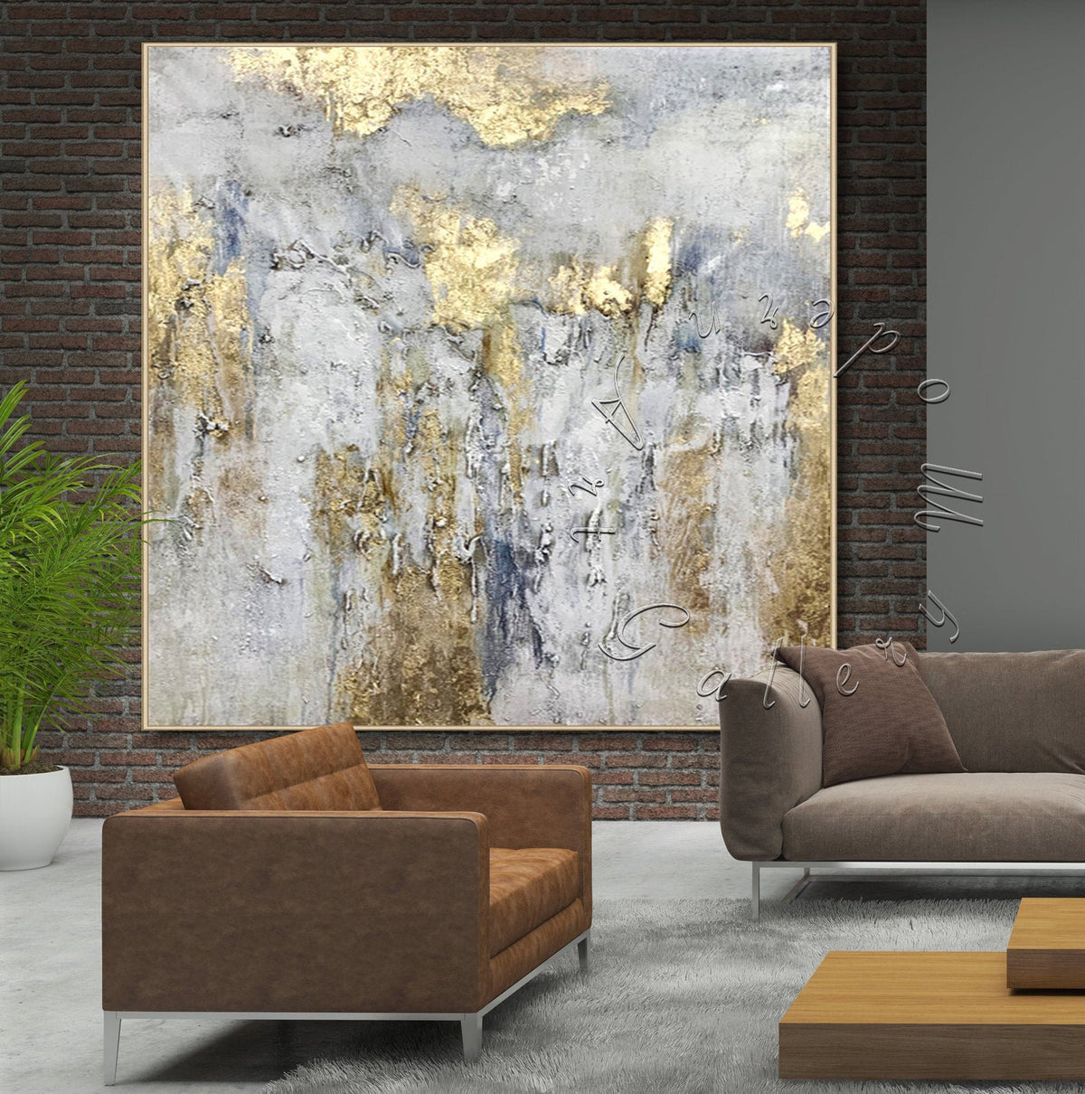 Textured Abstract Gold Leaf Original Square Painting on Canvas &quot;Gold &amp; Gray&quot;