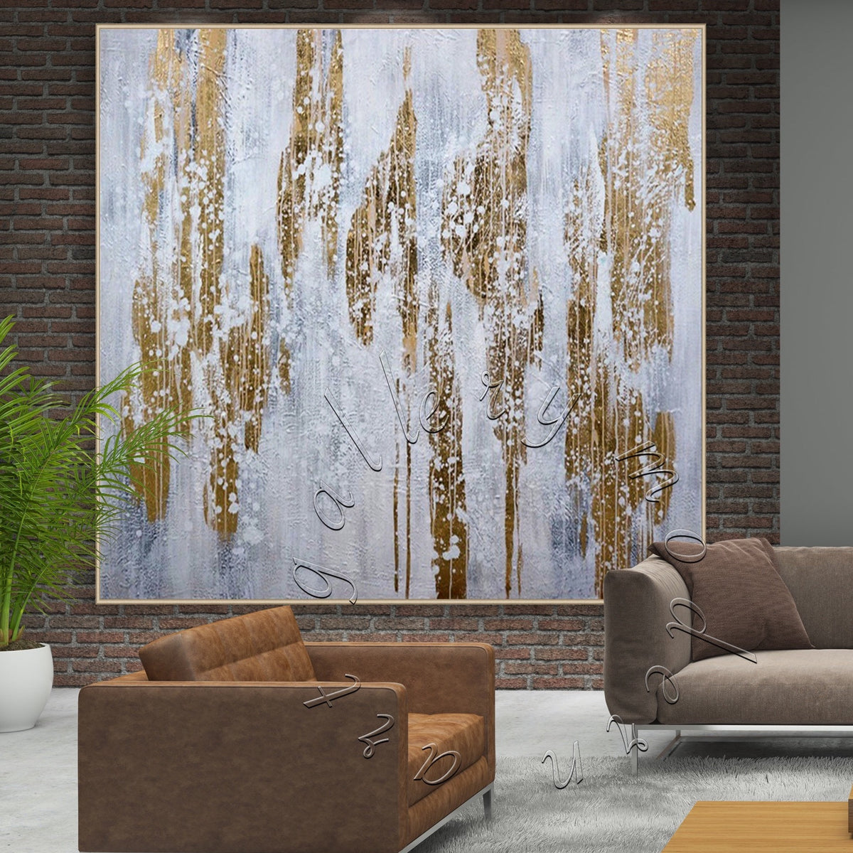 Elegant Gold Leaf Abstract Painting, &quot;Winter&quot; Soft Gold Square Wall Art