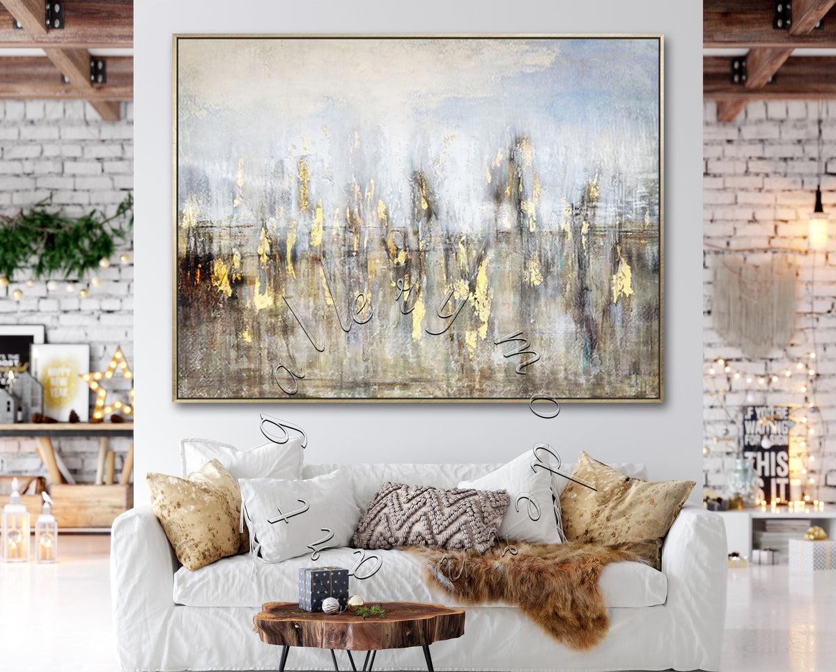 Gold Leaf Abstract Landscape Original Painting on Canvas, Soft Colors Wall Art
