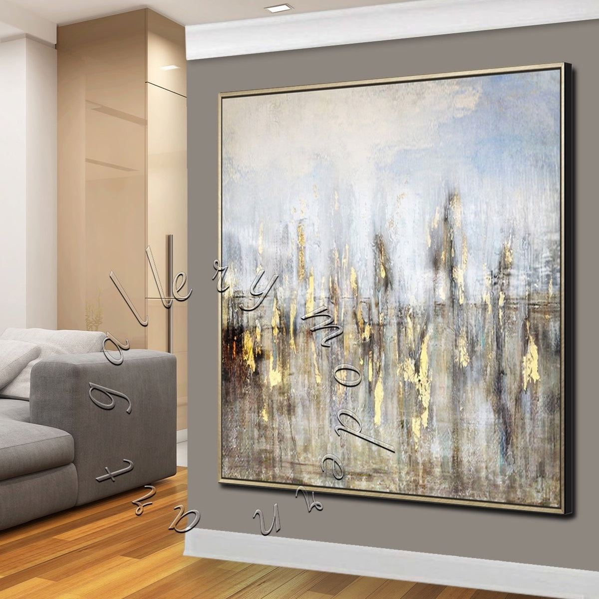 &quot;Gold reflection&quot; Abstract Original Canvas Painting, Gold Leaf Square Canvas Soft Wall Art